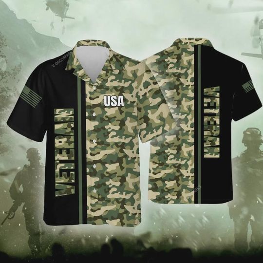 Veteran Camouflage Shirt, USA Military Hawaiian Shirt, Army Camo Gift for Men, American Flag Patriotic Military Gift for Men, Patriotic Army