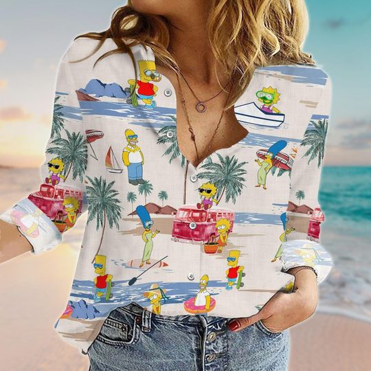 The Simpsons Linen-Look Shirt, Simpsons Family Women Blouse, Bart, Homer, Marge Simpsons Shirt, Simpsons Tv Series Shirt, Gifts For Her