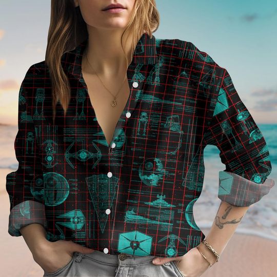 Star Wars Linen-Look Shirt, Disney Movie Button Up Shirt, Death Star Battle Women Blouse, Empire Long Sleeve Shirt, Spaceship Shirt