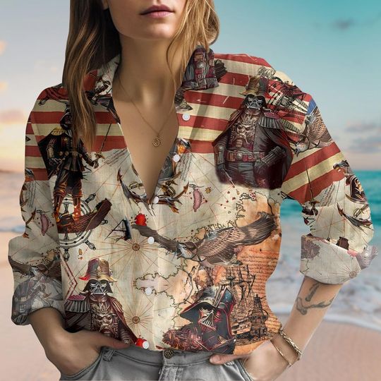 Star Wars Darth Vader Pirates Linen-Look Shirt, Anakin Skywalker Button Up Shirt, Women Blouse, Long Sleeve Shirt, Disney Movie Shirt