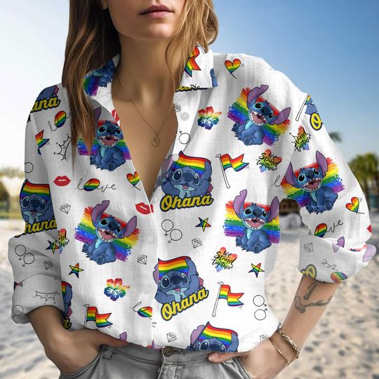Disney Stitch Rainbow Flag Linen-Look Shirt, Pride Month Women Blouse, LGBT Right Button Up Shirt, Gay Pride Shirt, Disneyland Trip