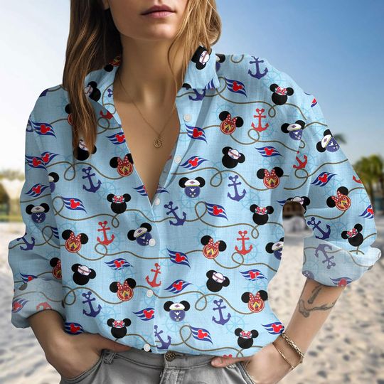 Disney Cruise Linen-Look Shirt, Mickey Mouse Minnie Women Blouse, Mickey Cruise Button Up Shirt, Cartoon Long Sleeve Shirt Gift for Her