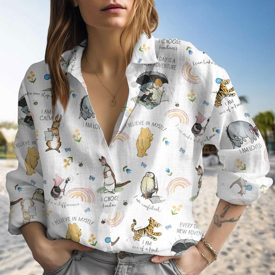 Winnie The Pooh Women Blouse, Disney Cartoon Linen-Look Shirt, Pooh Eeyore Piglet Tigger Button Up Shirt, Disney Vacation Summer Shirt