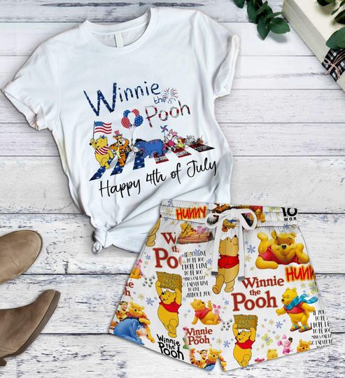 Winnie The Pooh Happy 4Th Of July T-shirt And Shorts, Pooh And Friends Tee, Pooh Pajamas Set, Disney USA Shirt, Disney 4Th Of July Gift