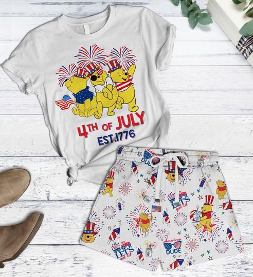 Winnie The Pooh July 4th T-shirt And Shorts, Pooh Pajamas Set, Disney 4th Of July Shirt, Independence Day Shirt, American Patriotic Tee