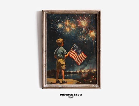 Vintage 4th of July Wall Art | Boy with American Flag and Fireworks | Patriotic USA Independence Day Decor