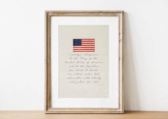 American Flag Vintage Wall Art, Pledge of Allegiance Decor, Fourth Of July Patriotic Poster, Red White and Blue Art