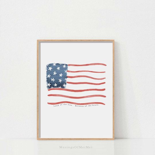 Fourth of July Watercolor Flag Print, Patriotic Wall Art