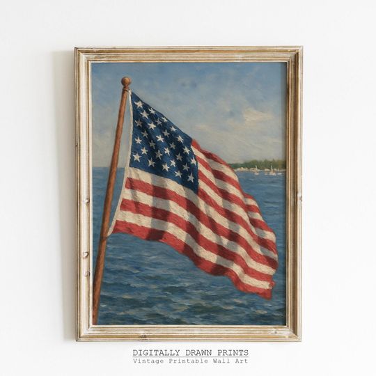 Fourth of July Wall Art, Coastal American Flag Painting, Independence Day, Patriotic Decor, Vintage USA Print