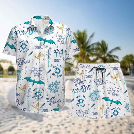 Fourth Wing Button Shirt And Shorts, Fly Or Die Hawaiian Shirt, Basgiath War College Button Up Shirt, Fantasy Book Lover Hawaii Short