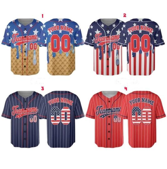 Personalized USA Baseball Jersey, Custom 4th of July Independence Day Patriotic Shirt with Name & Number, Red White Blue Striped Jersey
