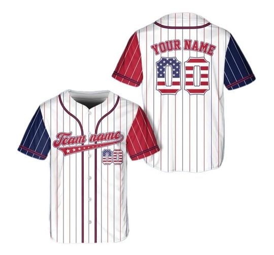 Personalized USA Baseball Jersey, Custom 4th of July Independence Day Patriotic Shirt with Name & Number, Red White Blue Striped Jersey