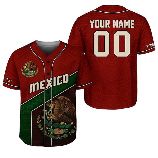 Custom Red Mexico Baseball Jersey - 3D Mexican Flag Eagle Shirt - Personalized Aztec Jersey Gift