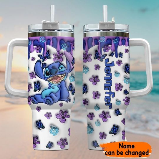 Personalized Disney Stitch Tumbler 40Oz, Lilo And Stitch Ohana Means Family Coffee Tumbler, Floral Stitch Birthday Gift, Insulated Cup