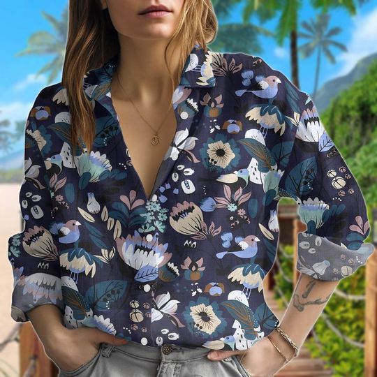 Retro Floral Bird Blouse Shirt, Bird and Flower Casual Shirt, Whimsical Bird Print Long Sleeve Shirt, Casual Island Style For Her