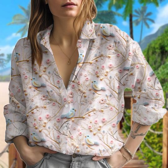 Bird Floral Print Blouse Shirt, Women's Long Sleeve Shirt, Summer Beach Cover Linen Shirt, Gift For Bird Lover, Folk Art Scandi Casual