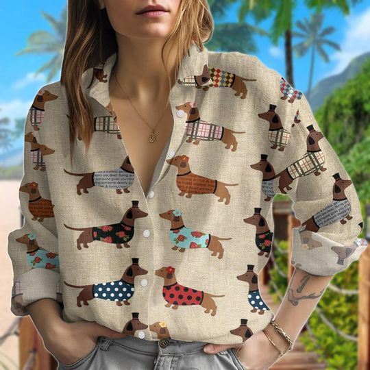 Cute Dachshund Print Blouse Shirt, Casual Dog Lover Top, Lightweight Summer Vacation Outfit, Dachshund Dog Long Sleeve Shirt For Women