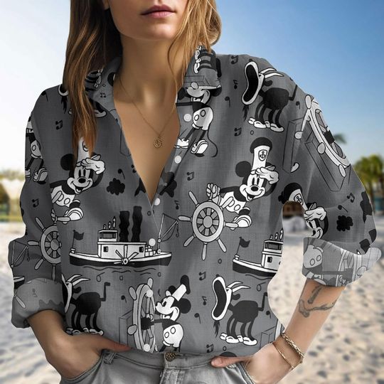 Steamboat Willie Mickey Shirt, Original Steamboat Willie Blouse Shirt, Disney Cruise Trip Casual Shirt For Women, Captain Mickey Family