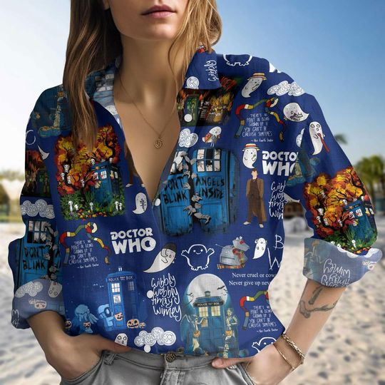 Doctor Who Blouse Shirt, Retro Dr Who Tardis Casual Shirt, Dr Who TV Series Long Sleeve Shirt, Police Box Gift for Women