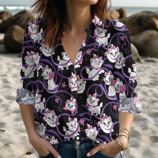 Marie Cat Blouse Shirt, Disney The Aristocats Paris Casual Shirt For Women, Lovely Marie Cat Button Shirt, Disney Family Trip, Birthday