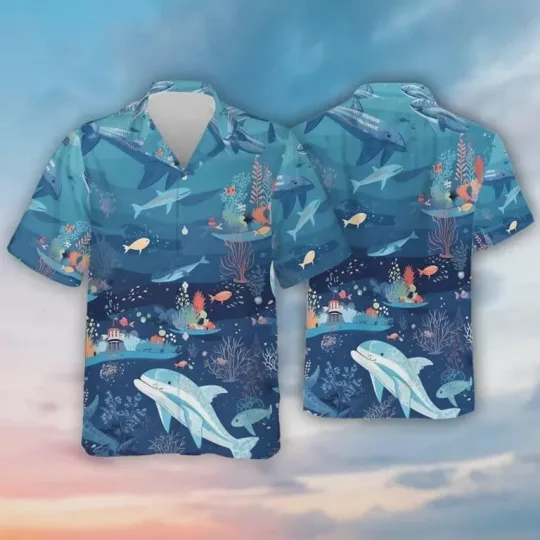 Marine Life Hawaiian Shirt Men Sea Animal Blue Ocean Summer Beach Button Top
