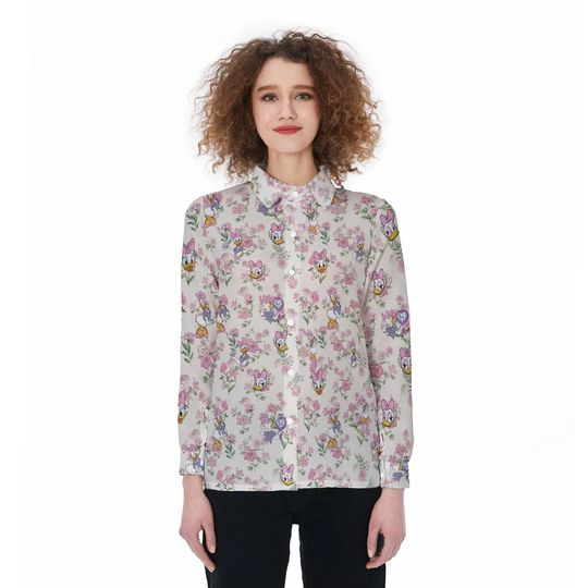 Daisy Duck Linen Shirt, Animated Daisy Duck Long Sleeve Linen Shirt