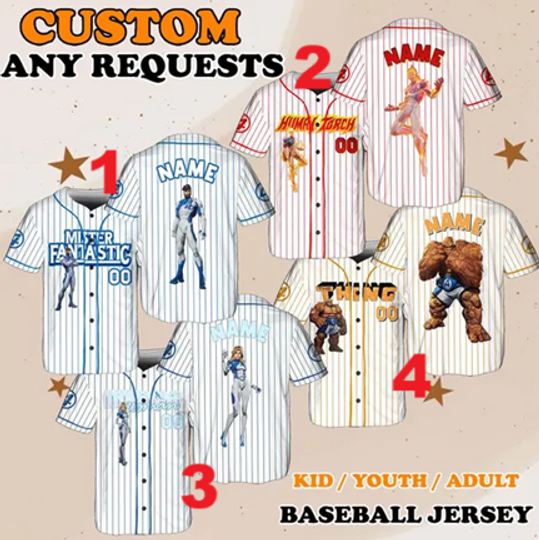 Fantastic Four Costume Jersey, Mr and Ms Fanrastic Jersey, Human Torch The Thing Jersey, Marvel Rivals Jersey, Avengers Campus Trip