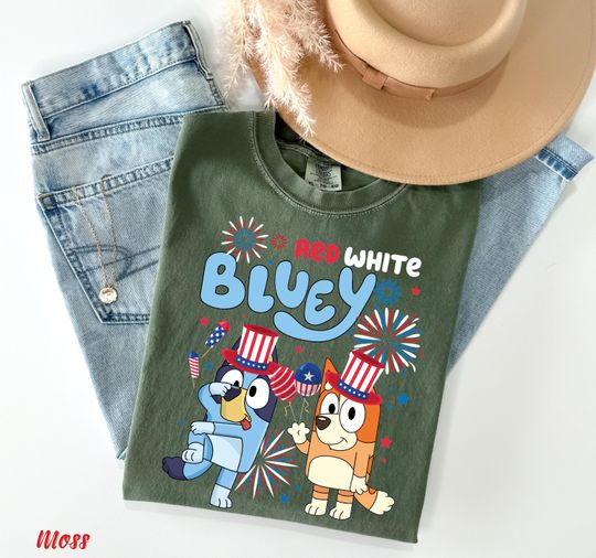 BlueyDad 4th of July T-Shirt - Matching Family Fireworks Tee, USA Patriotic Red White Blue Cartoon Shirt