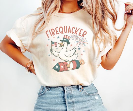 4th of July Goose Comfort Colors T-Shirt, Funny Patriotic Tee, Firequacker Summer Shirt