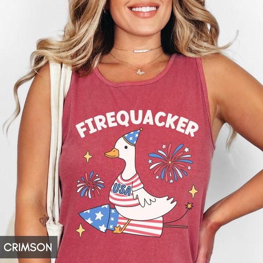 Comfort Colors Patriotic July 4 Tank Top, Firequacker Goose Fireworks Sleeveless, USA Stars & Stripes Top