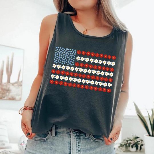 Daisy American Flag Tank Top for Women - Patriotic 4th of July Floral Shirt