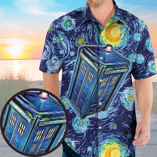 Starry Night Dr Who Hawaiian Shirt, Van Gogh Summer Outfit, Tardis Summer Shirt, Whovian Beach Shirt, Doctor Who Gifts, TV Show Merch