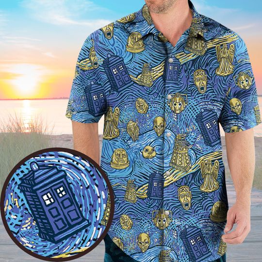 Starry Night Doctor Who Hawaiian Shirt, Tardis Summer Shirt, Whovian Beach Shirt, Doctor Who Gifts, SciFi Shirt, TV Show Button Shirt
