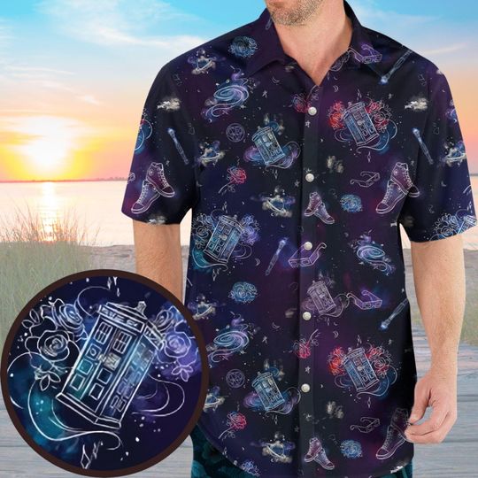 Doctor Who Hawaiian Shirt, Tardis Aloha Shirt, Doctor Who Character Shirt, Dr Who Tv Series Button Shirt, Doctor Who Fan Vacation Shirt