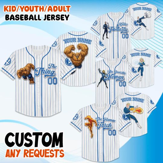 Custom Fantastic Four Baseball Jersey, Kid Youth Adult Jersey, Personalized Superhero Name Number Shirt, Family Comic Fan Gift