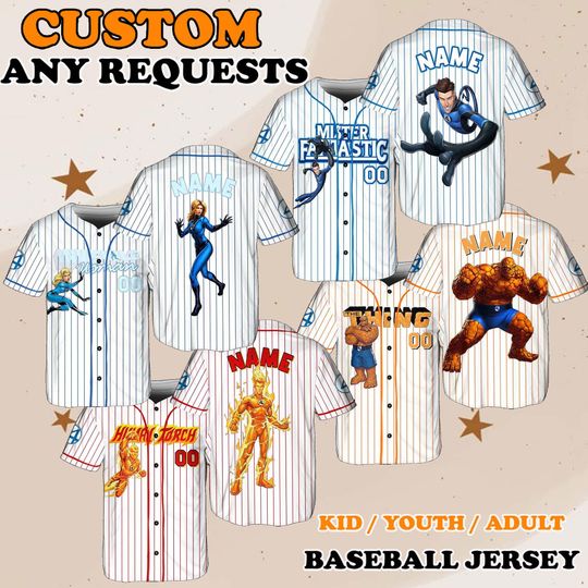 Fantastic Four Characters Jersey, Mister Fantastic Invisible Woman Jersey, Human Torch The Thing Jersey, Marvel Group Jersey