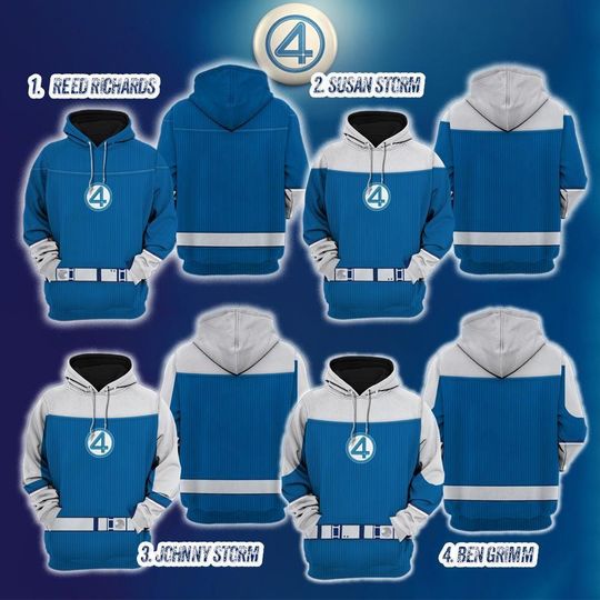 Fantastic Four 3D Hoodie, Marvel Superhero All Over Print, Halloween Costume, Cosplay