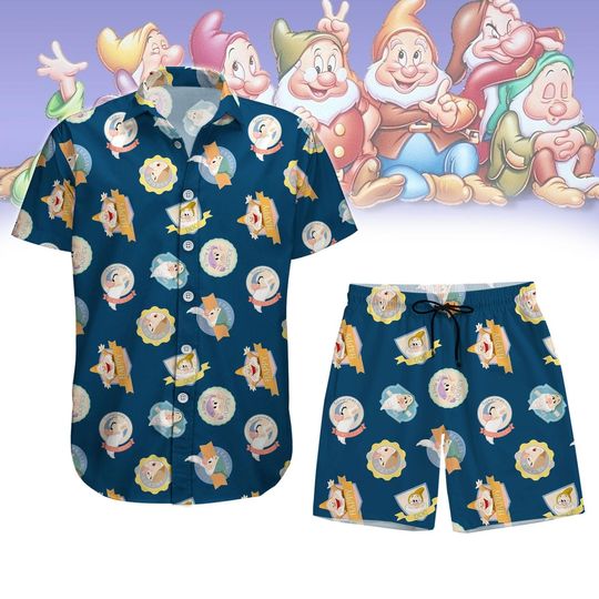 Disney The Seven Dwarfs Button Shirt, Cartoon Movie Short, Snow White Hawaiian Shirt, Matching Dwarf Apparel, Birthday Gift for Kids