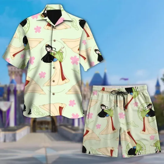Mulan With Flowers Hawaiian Button Down Shirt
