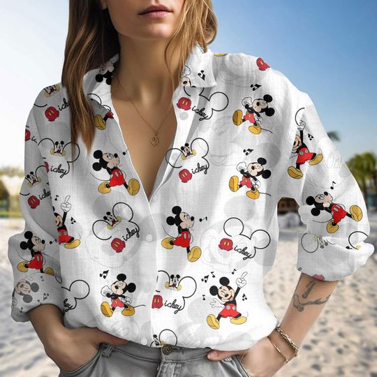 Disney Mickey Mouse Blouse Shirt, Womens Disney Top, Casual Disney Outfit, Disney Park Summer Shirt, Disney Mouse Linen-Look Shirt