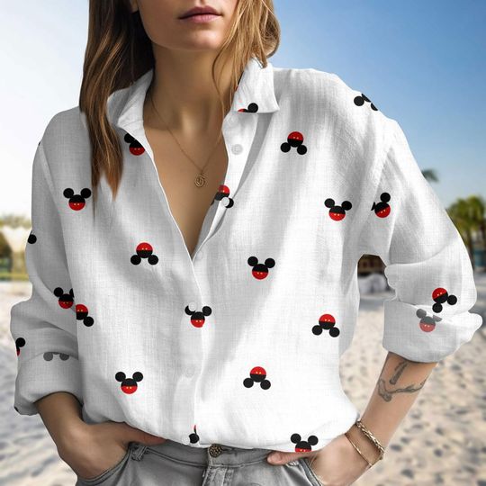 Mickey Mouse Blouse Shirt, Disney Mickey Shirt For Women, Disneyland Linen-Look Shirt, Disney Blouse Shirt, Magic Kingdom Button Shirt