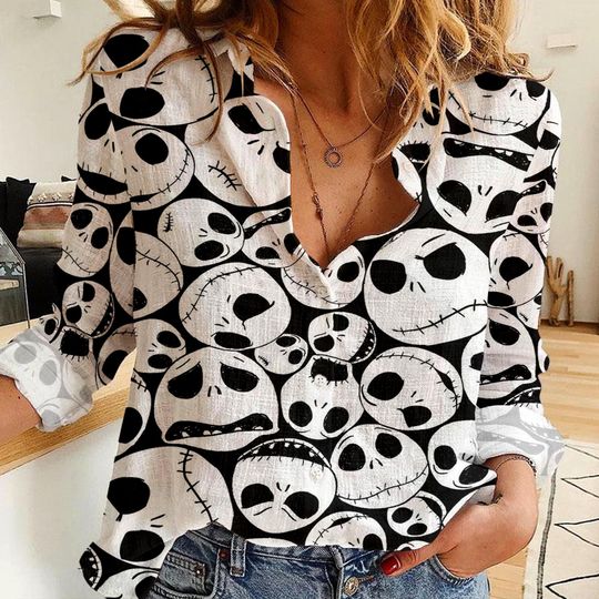 Jack Skellington Big Face Women's Linen Casual Shirt, Disney Women Blouses Shirt, Magic Kingdom Shirt, Shirt For Women, Disney Vintage Shirt
