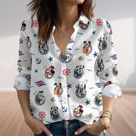 Mickey And Co Cruise Blouse Women Shirt, Mickey Cruise Linen-Look Shirt, Disney Cruise Blouses Shirt, Summer Gift For Mom