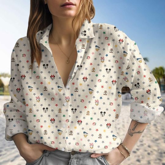 Mickey Character Linen-Look Shirt, Cute Cartoon Button Shirt, Disney Character Print Blouse Shirt, Summer Beach Top