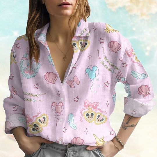 Mickey Coquette Bow Castle Linen-Look Shirt, Disneyland 2025 Blouses Shirt, Magic Kingdom Women Shirt, Disney Girl Trip Casual Shirt