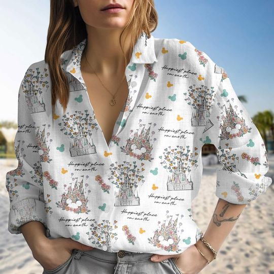 Discover Happiest Place Castle Linen Shirt, Disney Castle Balloon Shirt, Magic Kingdom Vacation Blouse