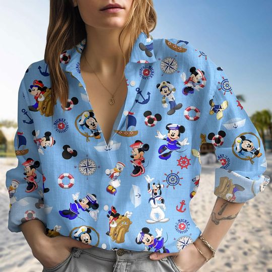 Disney Cruise Blouse Shirt, Nautical Mickey Linen-look Shirt, Disney Family Vacation Outfit, Cruise Ship Apparel, Disney Cruise Shirt