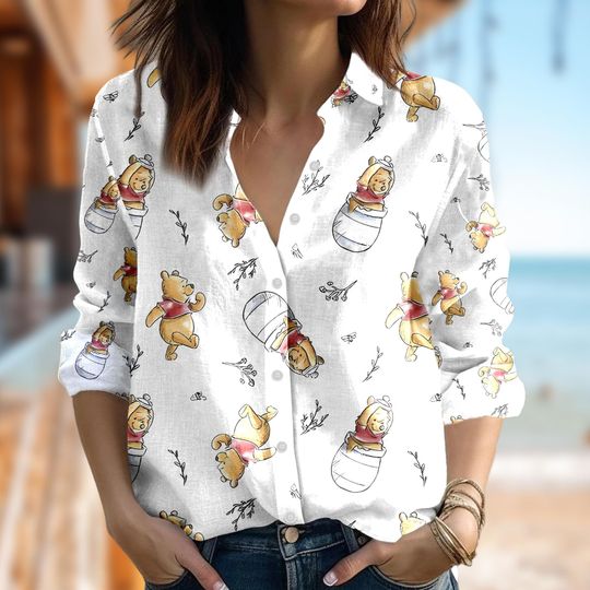 Winnie The Pooh Women Blouses Shirt, Pooh Casual Women Shirt, Disney Cartoon Women Button Down T-Shirt, Magic Kingdom Gift