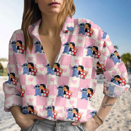 Lilo and Stitch Pink Blosue Shirt, Disney Blouse Women Shirt, Summer Button Up Women Shirt, Blouse Shirt Gift For Her