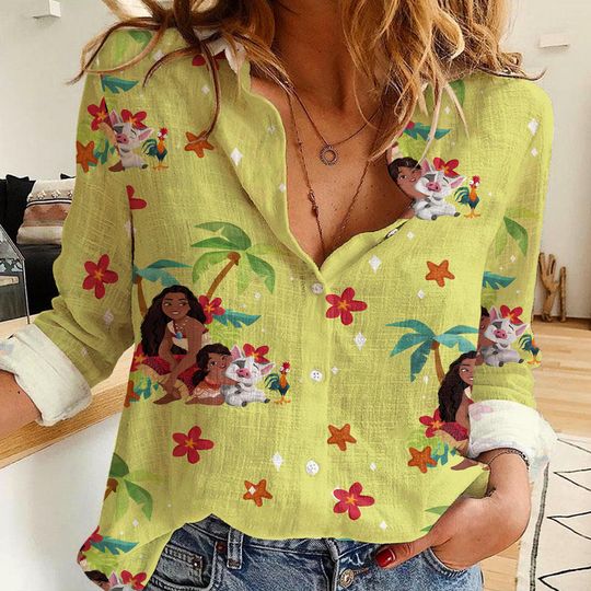 Moana Pua Hei Hei Chicken Women's Linen Casual Shirt, Disney Women Blouses Shirt, Magic Kingdom Shirt, Shirt For Women,Disney Vintage Shirt